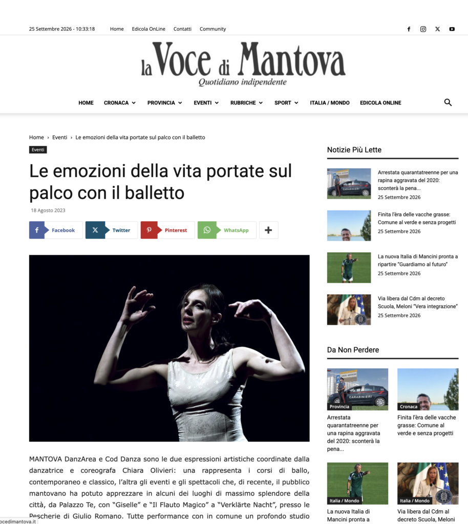 Articolo su Chiara Olivieri di Ilaria Perfetti su La Voce di Mantova